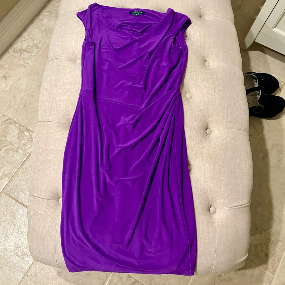 NWT Ralph Lauren Purple Asymmetrical Ruched Midi Dress